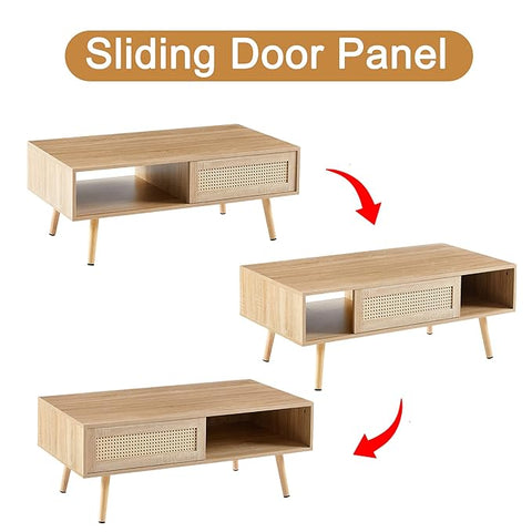 ONIJA Coffee Table With Storage, 41.3 Inch Rectangle Wooden Accent Center Sofa Table With Sliding Pe Rattan Woven Door Panel&Solid Wood Legs, Suitable For Living Room, Apartment