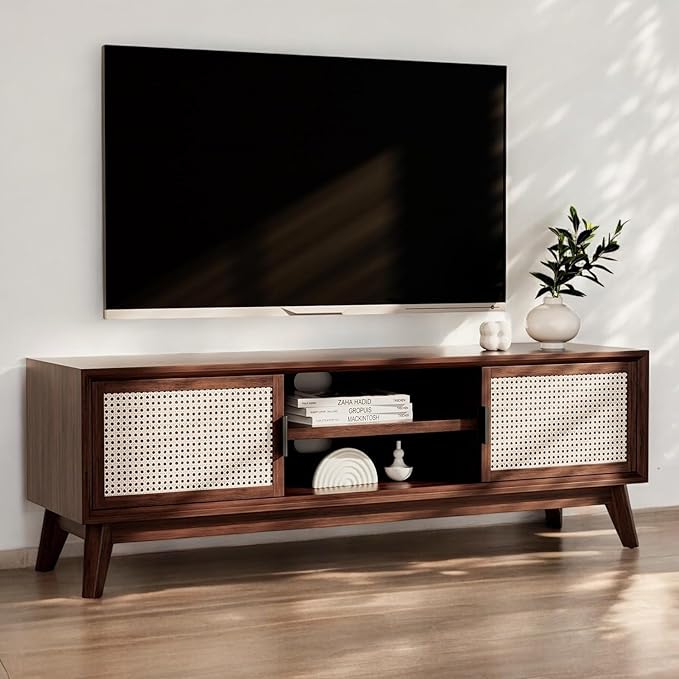 ONIJA  Premium Solid Wood TV Stand,Solid Wood Rattan Cane Tv Cabinet for Living Room & Bed Room Furniture, Wooden TV Entertainment Unit - WALNUT FINISH