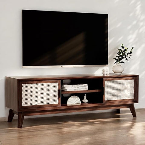 ONIJA  Premium Solid Wood TV Stand,Solid Wood Rattan Cane Tv Cabinet for Living Room & Bed Room Furniture, Wooden TV Entertainment Unit - WALNUT FINISH