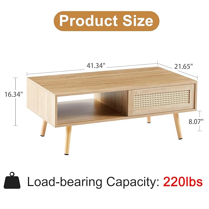 ONIJA Coffee Table With Storage, 41.3 Inch Rectangle Wooden Accent Center Sofa Table With Sliding Pe Rattan Woven Door Panel&Solid Wood Legs, Suitable For Living Room, Apartment