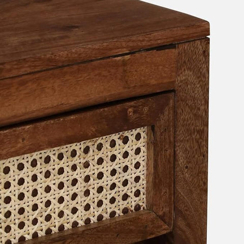 ONIJA  Sheesham Wood Bedside Table with Cane Drawer | Modern Storage Nightstand | Rattan Drawers Mid Century Night Stand for Living Room