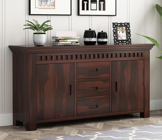 ONIJA heesham Wood Sideboard Storage Cabinet with 3 Drawer and 2 Door Storage for Living Room Home Office Kitchen (Natural Honey Finish) - WALNUT FINISH