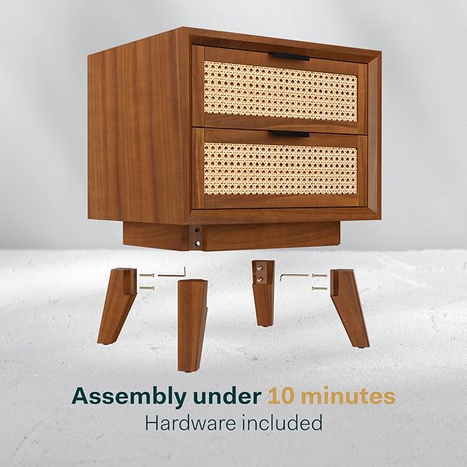 ONIJA Deluxe Solid Wood Rattan Nightstand Fully Assembled-Mid Century Modern Side Table with 2 Drawers-Multipurpose use for Living Room, Bedroom-Dark Chocolate