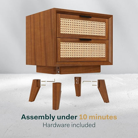 ONIJA Deluxe Solid Wood Rattan Nightstand Fully Assembled-Mid Century Modern Side Table with 2 Drawers-Multipurpose use for Living Room, Bedroom-Dark Chocolate