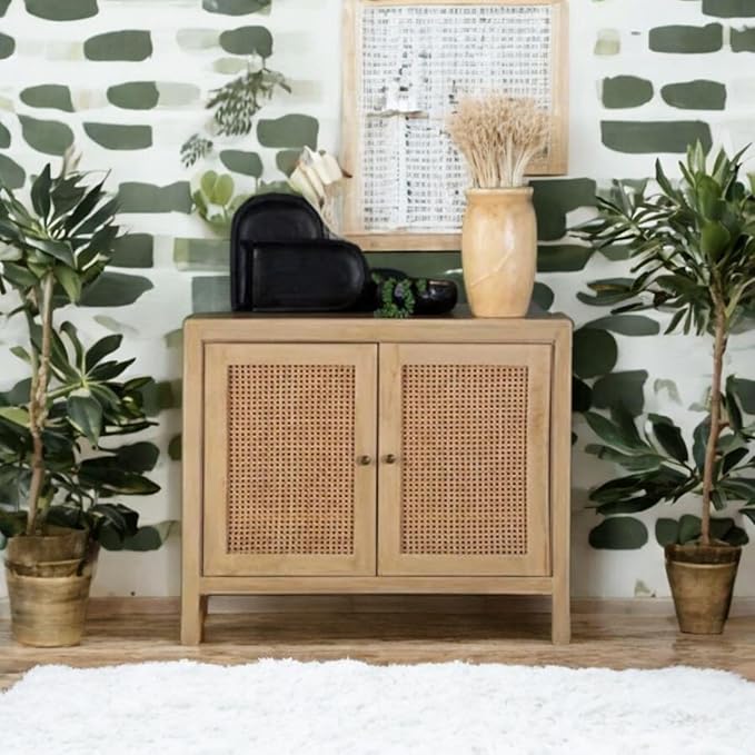 ONIJA Furniture Solid Wood Bar Cabinet with Cane Doors, 66 x 50.8 x 92.7 cm, Traditional Style, Brown