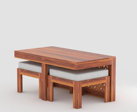 ONIJA Sheesham Wood Center Coffee Table with 2 Stools