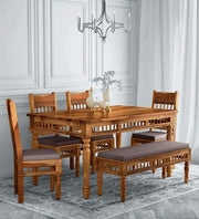 ONIJA Solid Sheesham Wood Traditional Dining Table Set of 6 Seater with Cushioned Chairs & Bench |