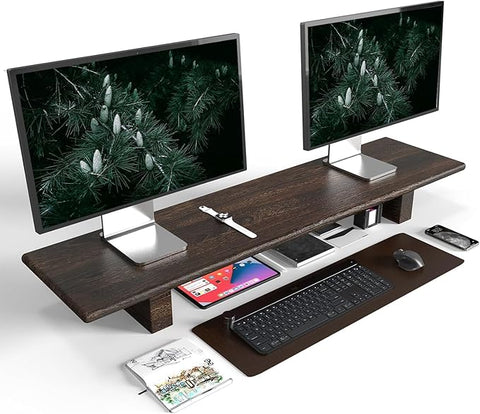 ONIJA Solid Wood Rustic Desk Monitor Stand with Storage，Large Dual Monitor Stand Riser for Laptop Computer/TV/PC/Printers, Perfect Desktop Stands Organizer with Underneath Storage for Office (100 cm)