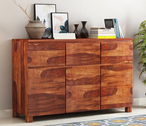 ONIJA Solid Sheesham Wood Wooden Cabinet Sideboard with 3 Drawers and 3-Door Storage Chest of Drawer for Your Stylish Living Room, Bedroom Storage
