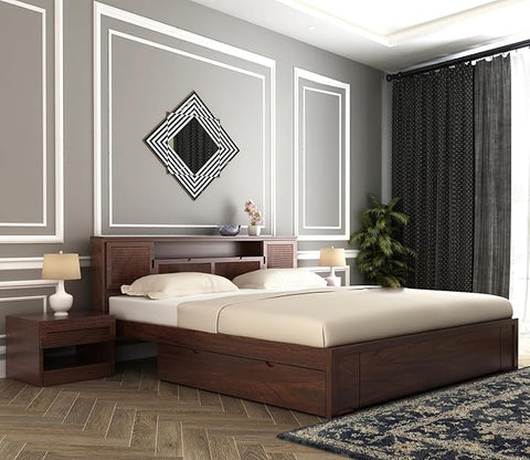 ONIJA Solid Sheesham Wood King Size Bed with Drawer Storage Wooden Double Bed Palang Bed for Bedroom Living Room Furniture