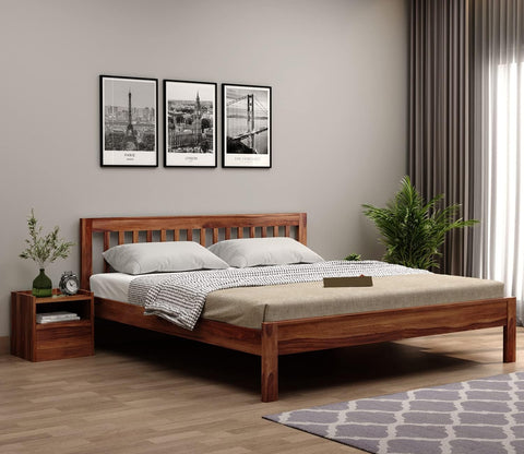 ONIJA Solid Sheesham Wood Queen Size Bed Without Storage for Bedroom - Wooden Queen Size Cot Bed for Home - Handcrafted Furniture Platform Double Bed (Honey Finish)