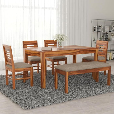 ONIJA Sheesham Wood 4 Chair with 1 Bench Dining Table Set with Cushioned Chairs for Dining Room | Living Room | Home & Office | (6 Seater with Bench, Honey Finish) - HONEY FINISH
