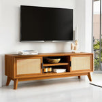 ONIJA  FurniturePremium Solid Wood TV Stand,Solid Wood Rattan Cane Tv Cabinet for Living Room & Bed Room Furniture 64 x 17 x 22, Media Console - HONEY FINISH