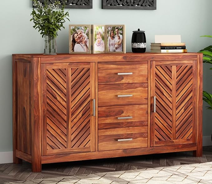 ONIJA Solid Sheesham Wood Wooden Sideboard Storage Cabinet with 4 Drawers and 4-Shelves Storage Wooden Cabinet for Living Room & Bedroom Storage