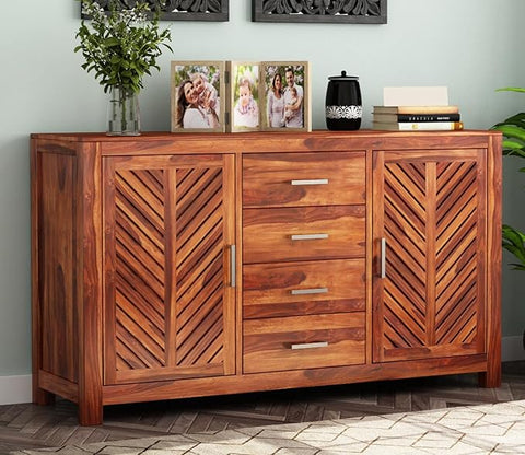 ONIJA Solid Sheesham Wood Wooden Sideboard Storage Cabinet with 4 Drawers and 4-Shelves Storage Wooden Cabinet for Living Room & Bedroom Storage