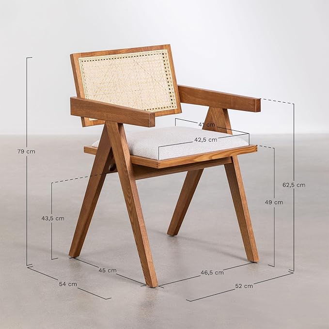 ONIJA  Modern Stylish Wooden Chair Contemporary Rattan Cane Back & White Cushion Upholstered Seat & Solid Wood (45D* 52W* 79H* CM)