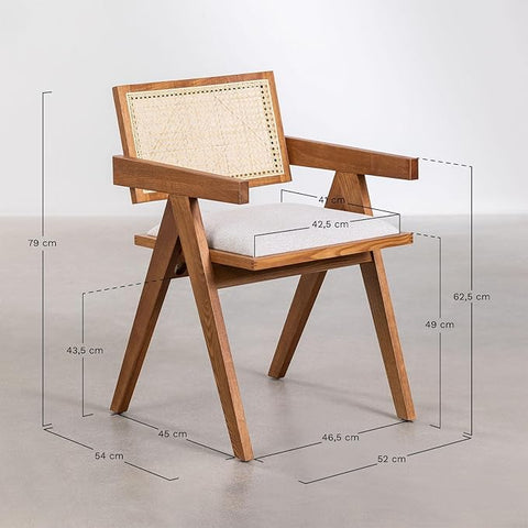 ONIJA  Modern Stylish Wooden Chair Contemporary Rattan Cane Back & White Cushion Upholstered Seat & Solid Wood (45D* 52W* 79H* CM)