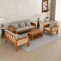ONIJA Solid Sheesham Wooden 6 Seater Sofa for Living Room | Solid Wood Sofa with Cane Side Panel | Rosewood Sofa Set for Home & Office | Lounge (Honey)