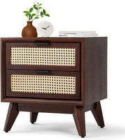onija Jasper Deluxe Solid Wood Rattan Nightstand Fully Assembled-Mid Century Modern Side Table with 2 Drawers