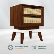 onija Jasper Deluxe Solid Wood Rattan Nightstand Fully Assembled-Mid Century Modern Side Table with 2 Drawers