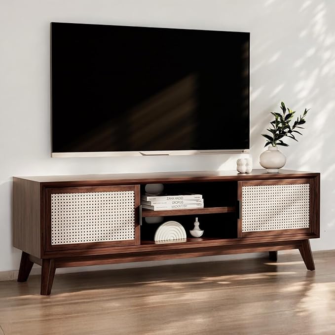 ONIJA  FurniturePremium Solid Wood TV Stand,Solid Wood Rattan Cane Tv Cabinet for Living Room & Bed Room Furniture 64 x 17 x 22, Media Console - WALNUT FINISH