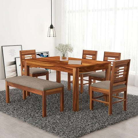 ONIJA Sheesham Wood 4 Chair with 1 Bench Dining Table Set with Cushioned Chairs for Dining Room | Living Room | Home & Office | (6 Seater with Bench, Honey Finish)