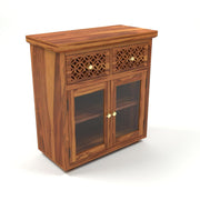 ONIJA Sheesham Wood Display Cabinet with Glass Doors & Storage Drawers