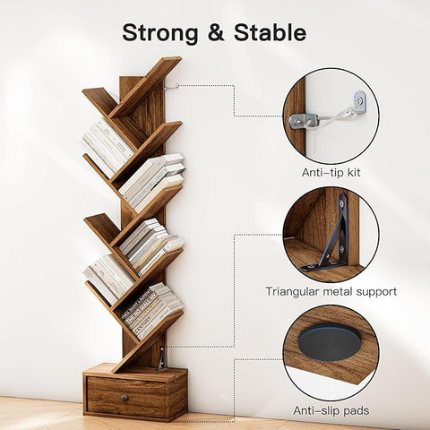 ONIJA Furniture Solid Sheesham Wood Book Shelf | Wooden Tree Shape Bookshelf | Free Standing Bookcase with Open 8 Shelf & One Drawer Storage | Book Shelf Organizer for Living Room