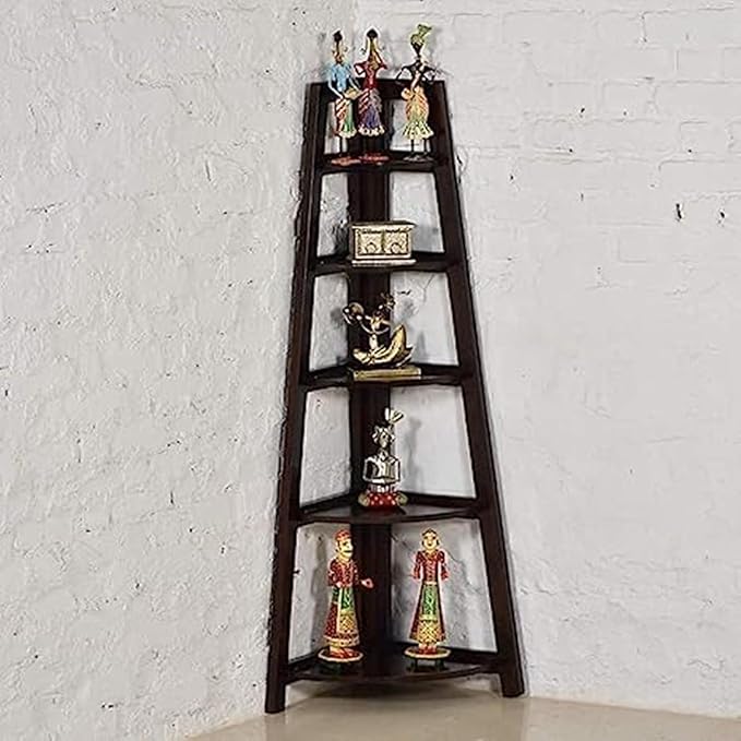 ONIJA Corner Book Shelf | 5 Shelves for Home | Sheesham Wood Wall Shelf for Living Room Kitchen Bathroom | Walnut Finish