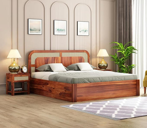ONIJA Solid Sheesham Wood King Size Bed with Drawer Storage Wooden Double Bed Palang Bed for Bedroom Living Room Furniture - HONEY FINISH