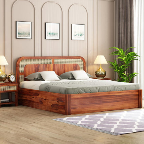 ONIJA Solid Sheesham Wood King Size Bed with Drawer Storage Wooden Double Bed Palang Bed for Bedroom Living Room Furniture - HONEY FINISH