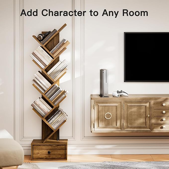 ONIJA Furniture Solid Sheesham Wood Book Shelf | Wooden Tree Shape Bookshelf | Free Standing Bookcase with Open 8 Shelf & One Drawer Storage | Book Shelf Organizer for Living Room