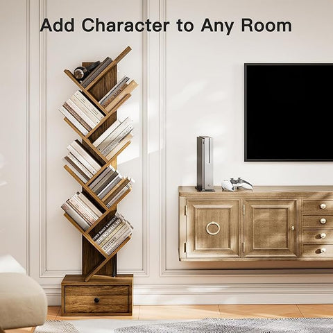 ONIJA Furniture Solid Sheesham Wood Book Shelf | Wooden Tree Shape Bookshelf | Free Standing Bookcase with Open 8 Shelf & One Drawer Storage | Book Shelf Organizer for Living Room