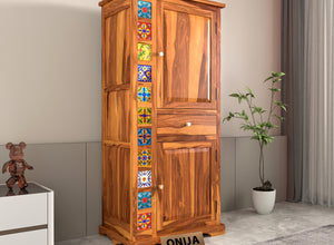 Emboss Sheesham Wood Wardrobe Cabinet with 1 Drawer & 2 Shelves (Honey Finish)