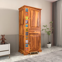 Emboss Sheesham Wood Wardrobe Cabinet with 1 Drawer & 2 Shelves (Honey Finish)