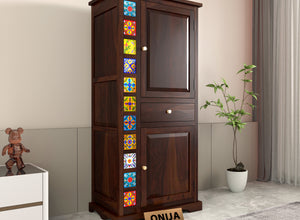 Emboss Sheesham Wood Wardrobe Cabinet with 1 Drawer & 2 Shelves (Walnut Finish)