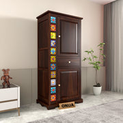 Emboss Sheesham Wood Wardrobe Cabinet with 1 Drawer & 2 Shelves (Walnut Finish)