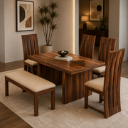 ONIJA Solid Sheesham Wood Dining Room Sets 6 Seater Poster ining Table with 4 Cushions Chairs & 1 Bench  Honey Finish