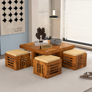 ONIJA Furniture Solid Sheesham Wood Coffee Table with 4 Stool