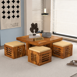 ONIJA Furniture Solid Sheesham Wood Coffee Table with 4 Stool