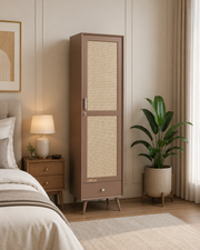 onija Wooden Storage Cabinet with Cane Doors & Drawer | Tall Solid Wood Wardrobe Cabinet with Shelves | Modern Slim Storage Unit for Bedroom, Living Room & Entryway
