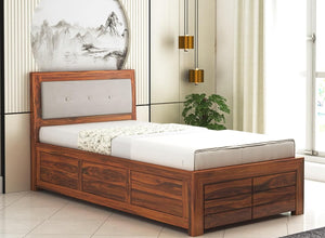 Lorveth Sheesham Wood Single Bed With Storage (Honey Finish)