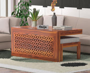 Onija Wooden Coffee Table with Carved Panel & Bench
