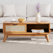 onija Solid Wood Jasper Coffee Table with Storage, Accent Rattan Design, Good Choice for Living Room