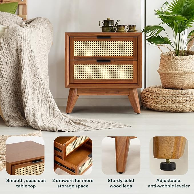 ONIJA Deluxe Solid Wood Rattan Nightstand Fully Assembled-Mid Century Modern Side Table with 2 Drawers-Multipurpose use for Living Room, Bedroom-Dark Chocolate