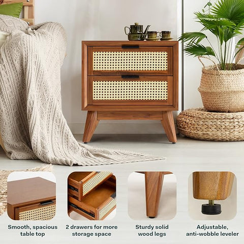 ONIJA Deluxe Solid Wood Rattan Nightstand Fully Assembled-Mid Century Modern Side Table with 2 Drawers-Multipurpose use for Living Room, Bedroom-Dark Chocolate