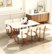 6 Seater Dining Table Set with Wooden X-Leg Chairs