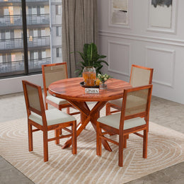 Premium Teak Finish Round Dining Table Set with Cane Back Chairs