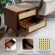 onija Jasper Deluxe Solid Wood Rattan Nightstand Fully Assembled-Mid Century Modern Side Table with 2 Drawers