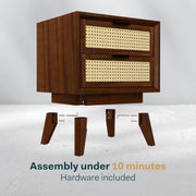 onija Jasper Deluxe Solid Wood Rattan Nightstand Fully Assembled-Mid Century Modern Side Table with 2 Drawers